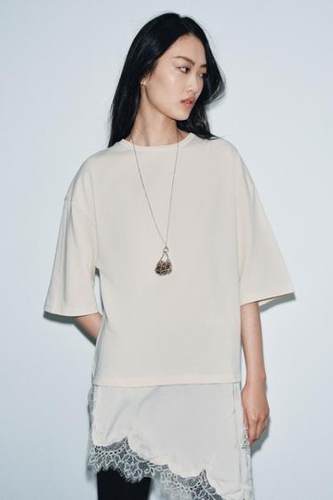 LACE COMBINED T-SHIRT - Ecru by Zara - Image 5