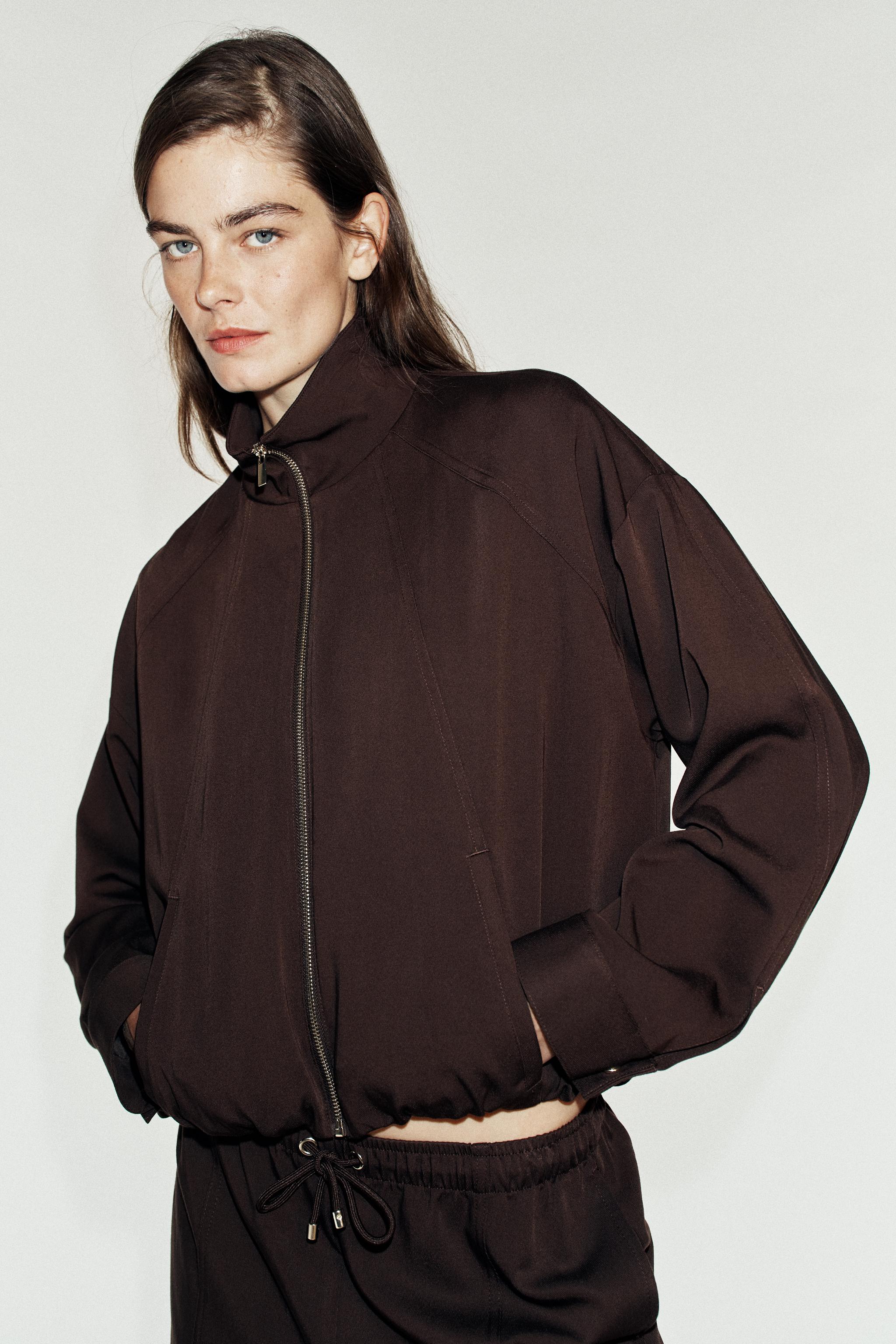 STAND-UP COLLAR BOMBER JACKET — Brown