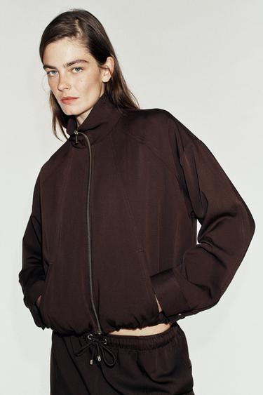 STAND-UP COLLAR BOMBER JACKET — Brown 1