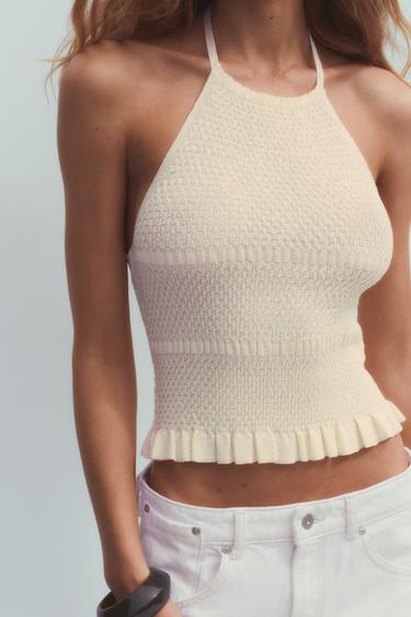Zara HALTER KNIT TOP - Pastel yellow