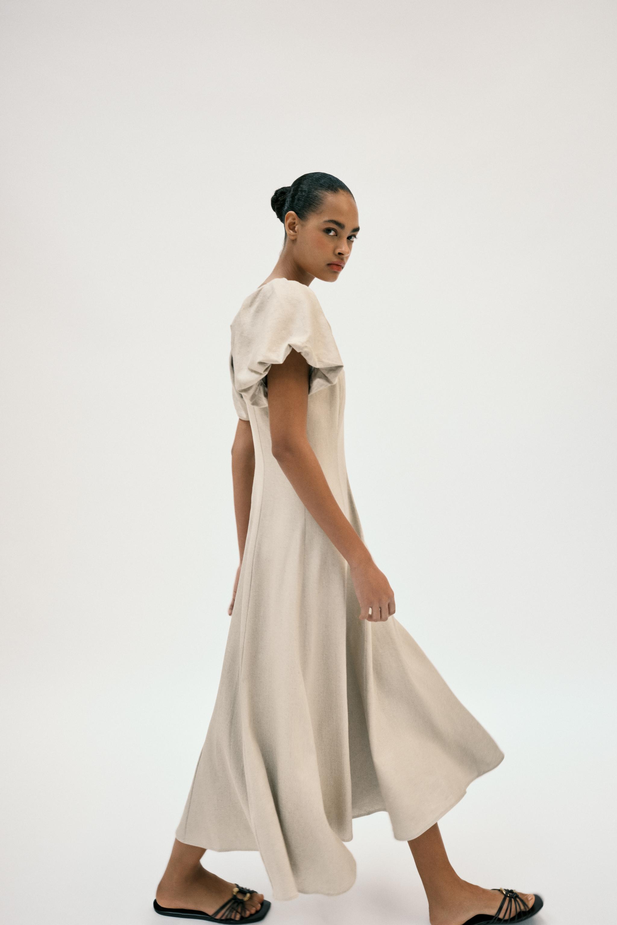 LINEN BLEND PUFF SLEEVE MIDI DRESS