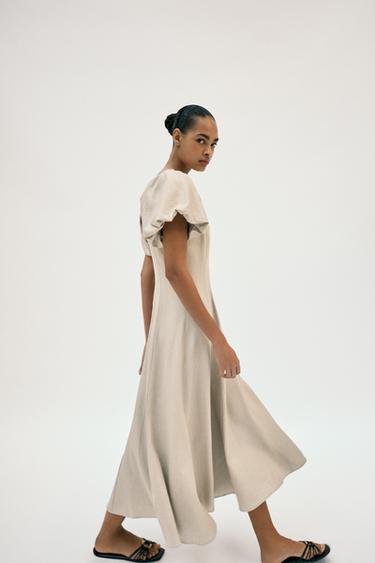 ROBE MI-LONGUE EN LIN À MANCHES BOUFFANTES - Beige clair de Zara - Image 3