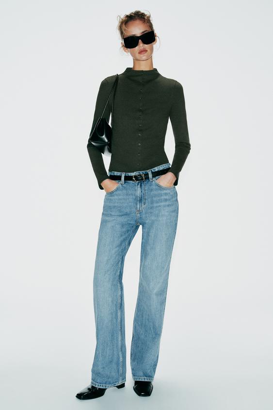 HIGH NECK BUTTON T-SHIRT - Green marl by Zara - Image 0