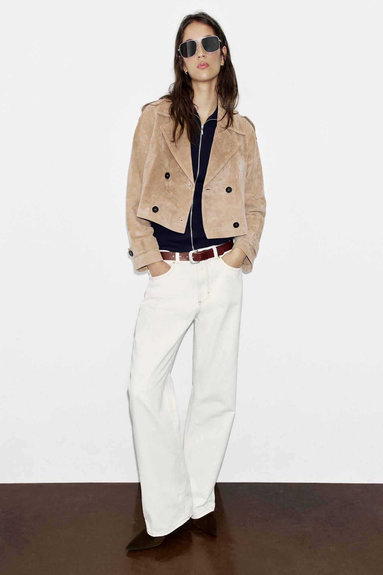 100% LEATHER DOUBLE-BREASTED SHORT TRENCH COAT — Light camel