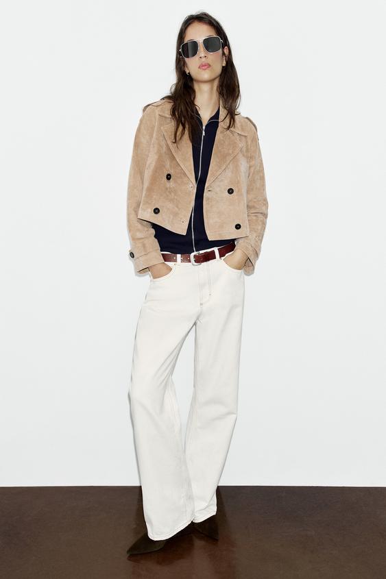 Zara 100% LEATHER DOUBLE-BREASTED SHORT TRENCH COAT - Light camel - Image 0