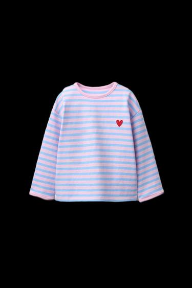 STRIPED T-SHIRT WITH EMBROIDERED HEART - Pastel blue by Zara - Image 0