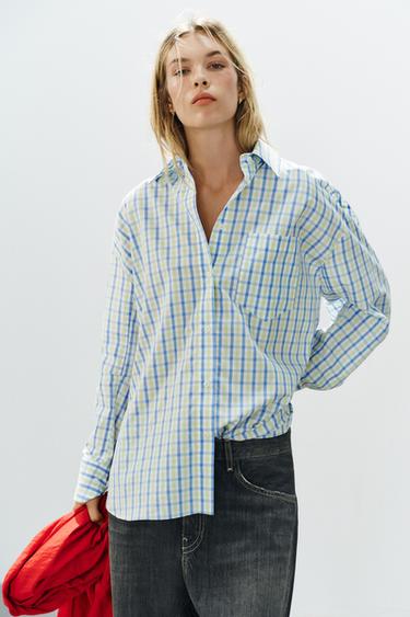 OVERSIZE CHECK POPLIN SHIRT - White / Green by Zara