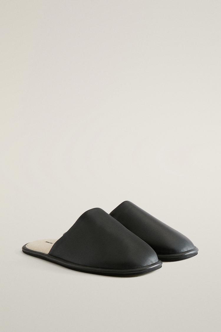 CONTRAST LEATHER SLIPPERS — Black