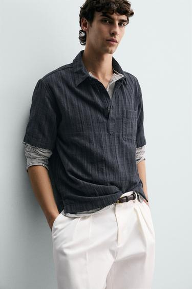 STRIPED TEXTURED POLO SHIRT - Navy blue by Zara - Image 5