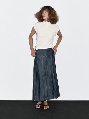 Zara Denim midi skirt with box pleats - Blue - Image 0