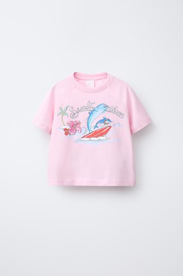 CAMISETA MANGA RANGLÁN ESTAMPADA - Rosa de Zara