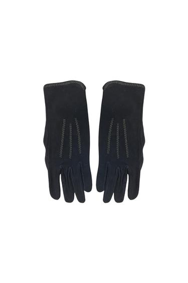 Pair of black gloves with three lines of decorative stitching on the back, arranged on a white background.