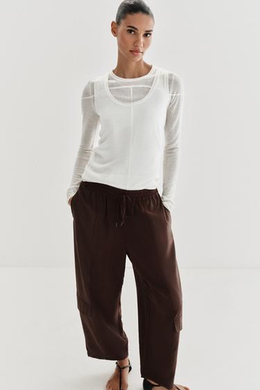 بنطلون BARREL ممزوج - بني الخاص بـ Zara