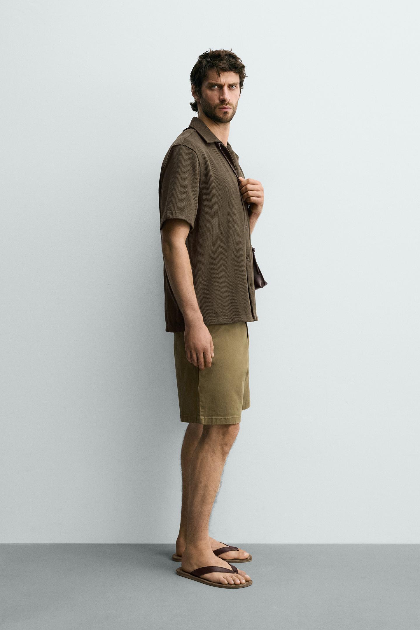 Мужская рубашка Zara Textured Regular Fit, цвет: Коричневый — фото 4