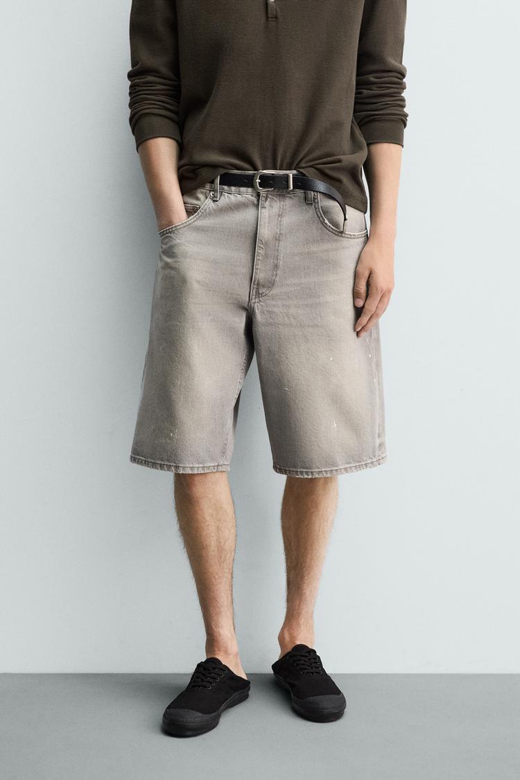 ZARA BAGGY FIT DENIM BERMUDA SHORTS WITH PAINT SPLATTER