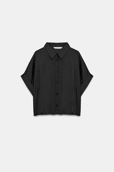 SATIN CROPPED SHIRT — Black 1