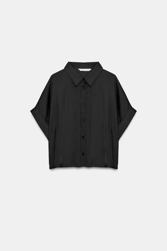 Zara SATIN CROPPED SHIRT - Black - Image 0