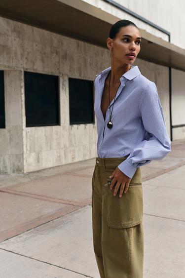 CAMISA DE ALGODÃO LISTRADA - Cru / Azul da Zara