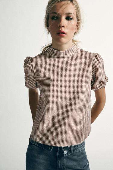 Zara TIED PLAID SHIRT - Ecru / Brown