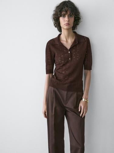 Zara Short sleeve wool blend knit polo shirt - Chocolate