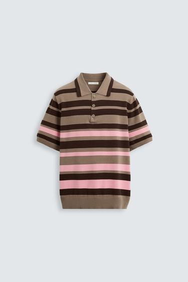 Zara JACQUARD STRIPED KNIT POLO SHIRT - Brown