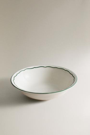 SHALLOW EARTHENWARE BOWL WITH CONTRAST RIM - White / Green by Zara - Image 1
