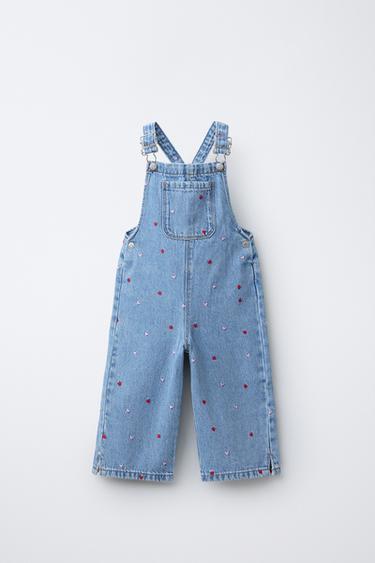 LONG DENIM DUNGAREES WITH EMBROIDERED HEARTS - Blue by Zara