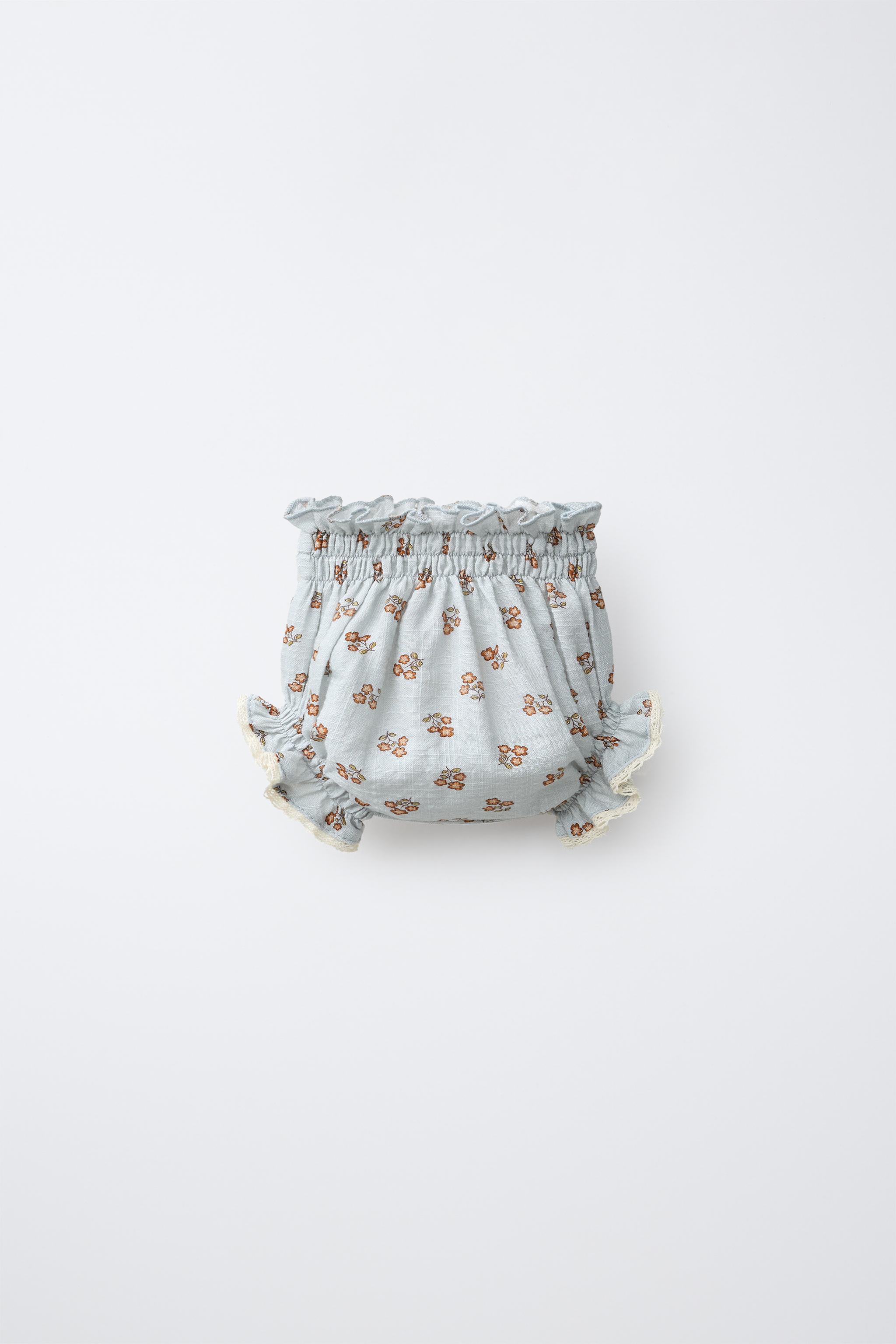 FLORAL PRINT LACE-TRIM BRIEFS — Light blue