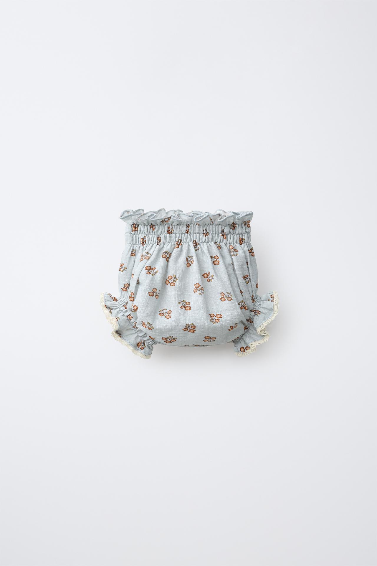 FLORAL PRINT LACE-TRIM BRIEFS — Light blue