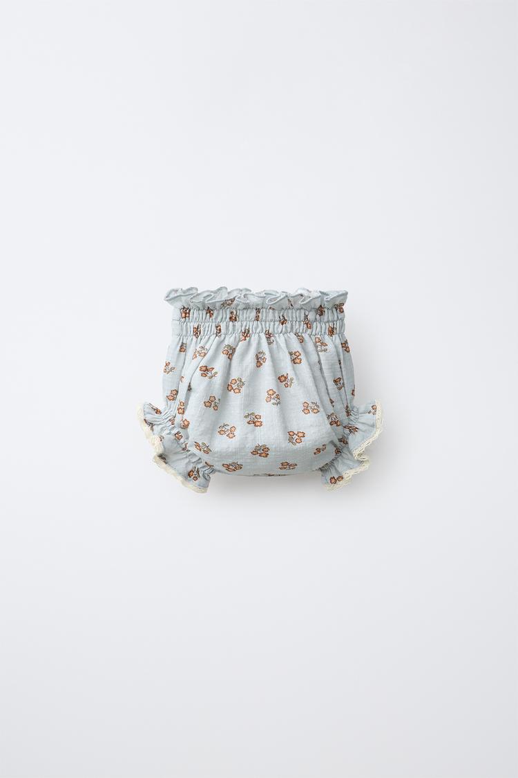 FLORAL PRINT LACE-TRIM BRIEFS — Light blue