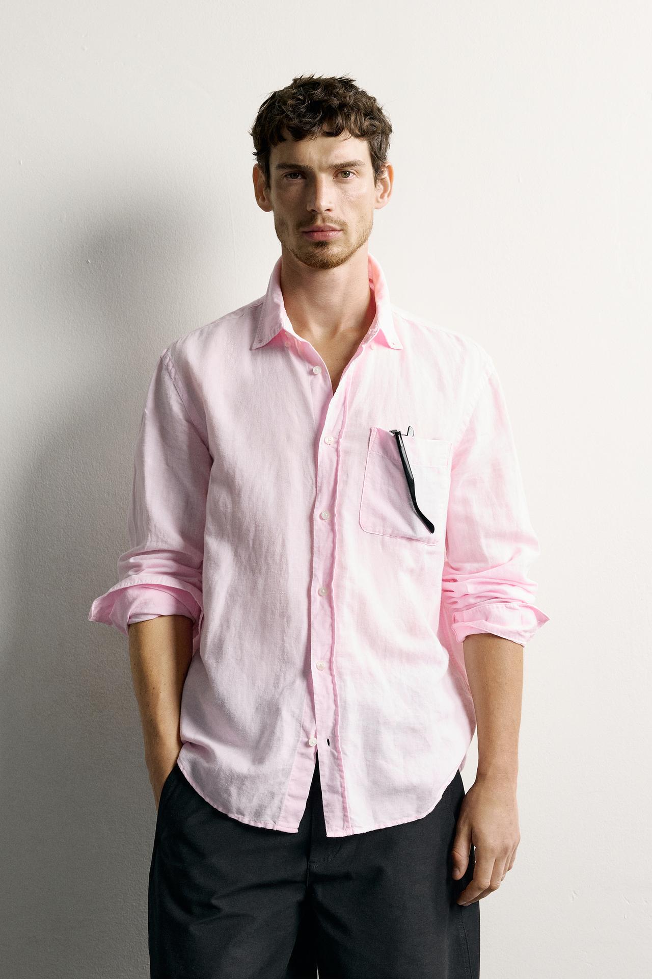 LINEN COTTON BLEND REGULAR FIT SHIRT — Pink