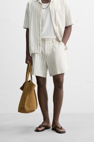 STRIPED TEXTURED BERMUDA SHORTS - Ecru / Blue by Zara