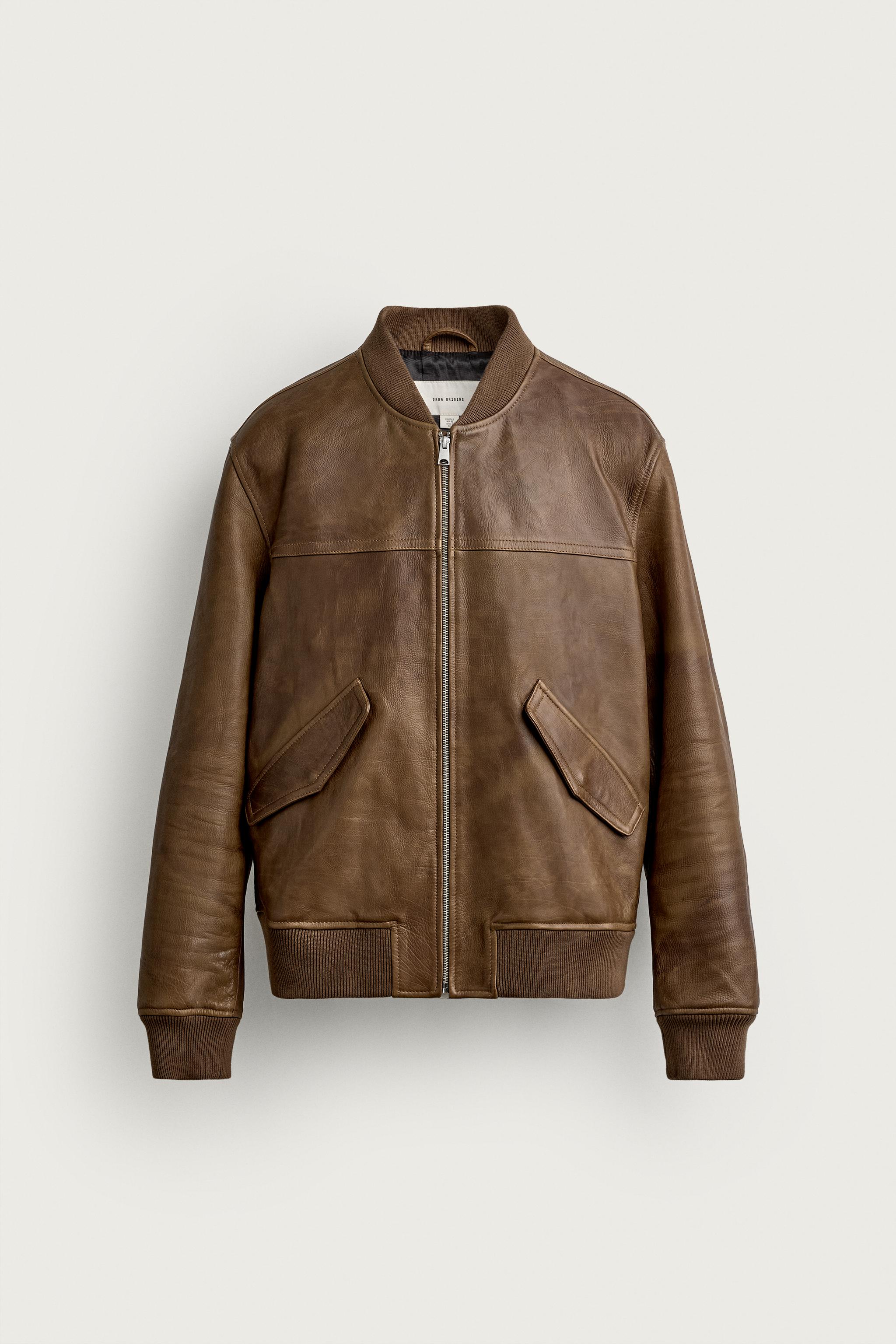 VINTAGE-EFFECT LEATHER BOMBER JACKET — Brown