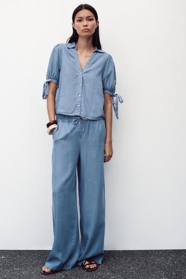 Zara WIDE LEG ELASTIC WAIST PANTS - Light blue