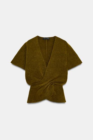 Zara DRAPED KNIT SHORT SLEEVE JUMPER - Mid khaki