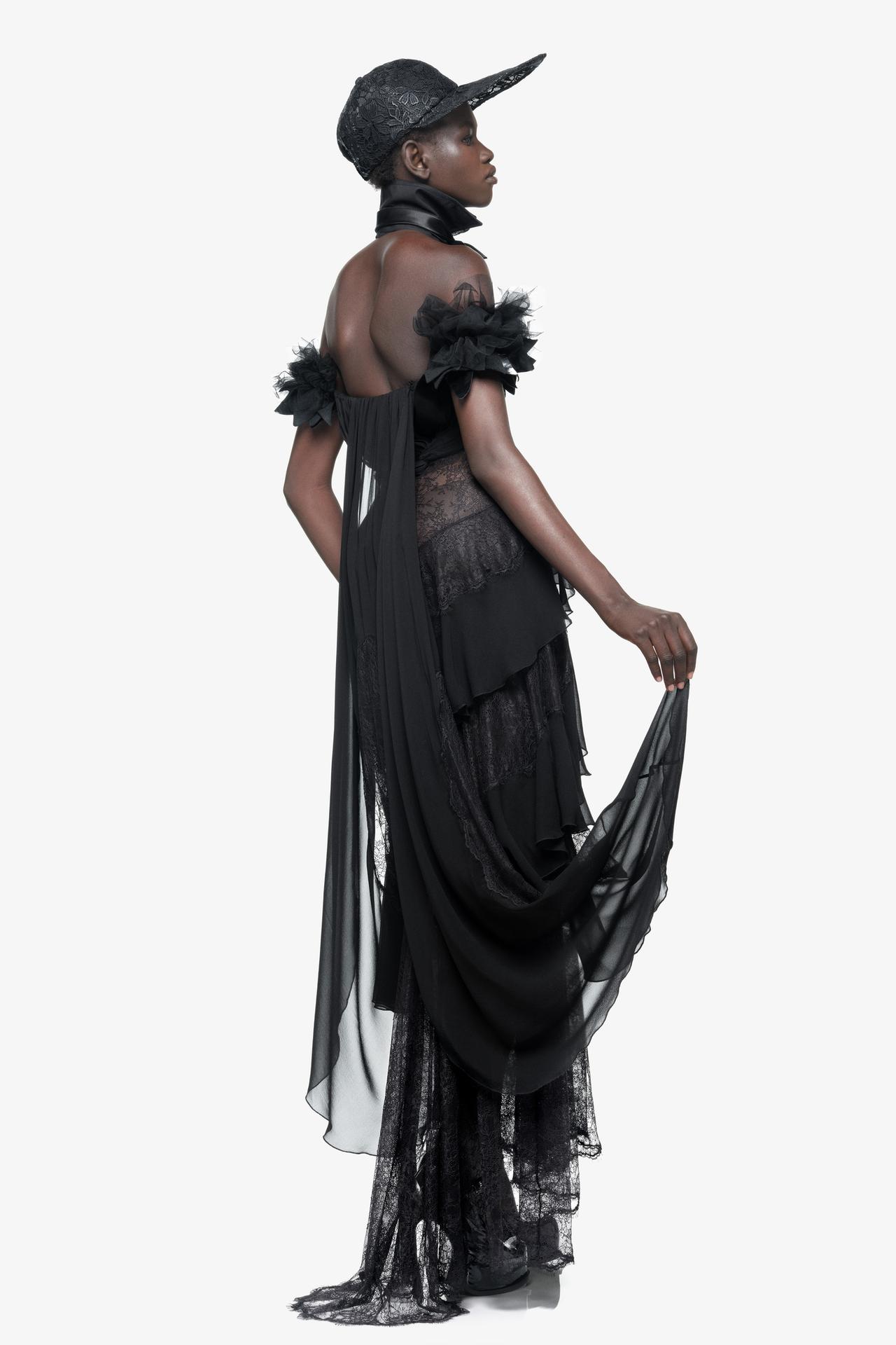LIMITED EDITION LACE RUFFLE MAXI DRESS — Black