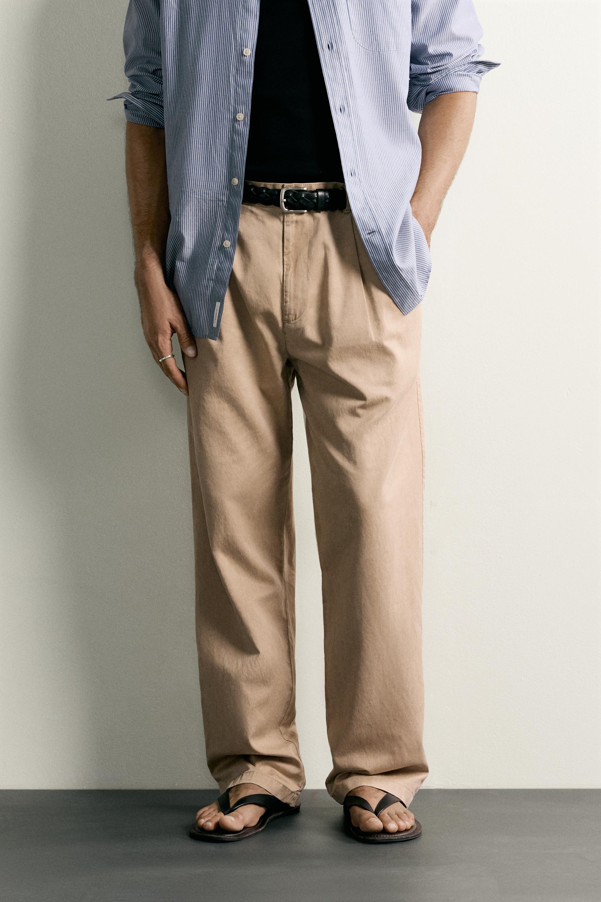 RELAXED FIT PLEATED CHINO PANTS — Beige