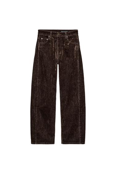 Zara ZW COLLECTION HIGH-WAISTED FLOCKED BALLOON JEANS - Brown