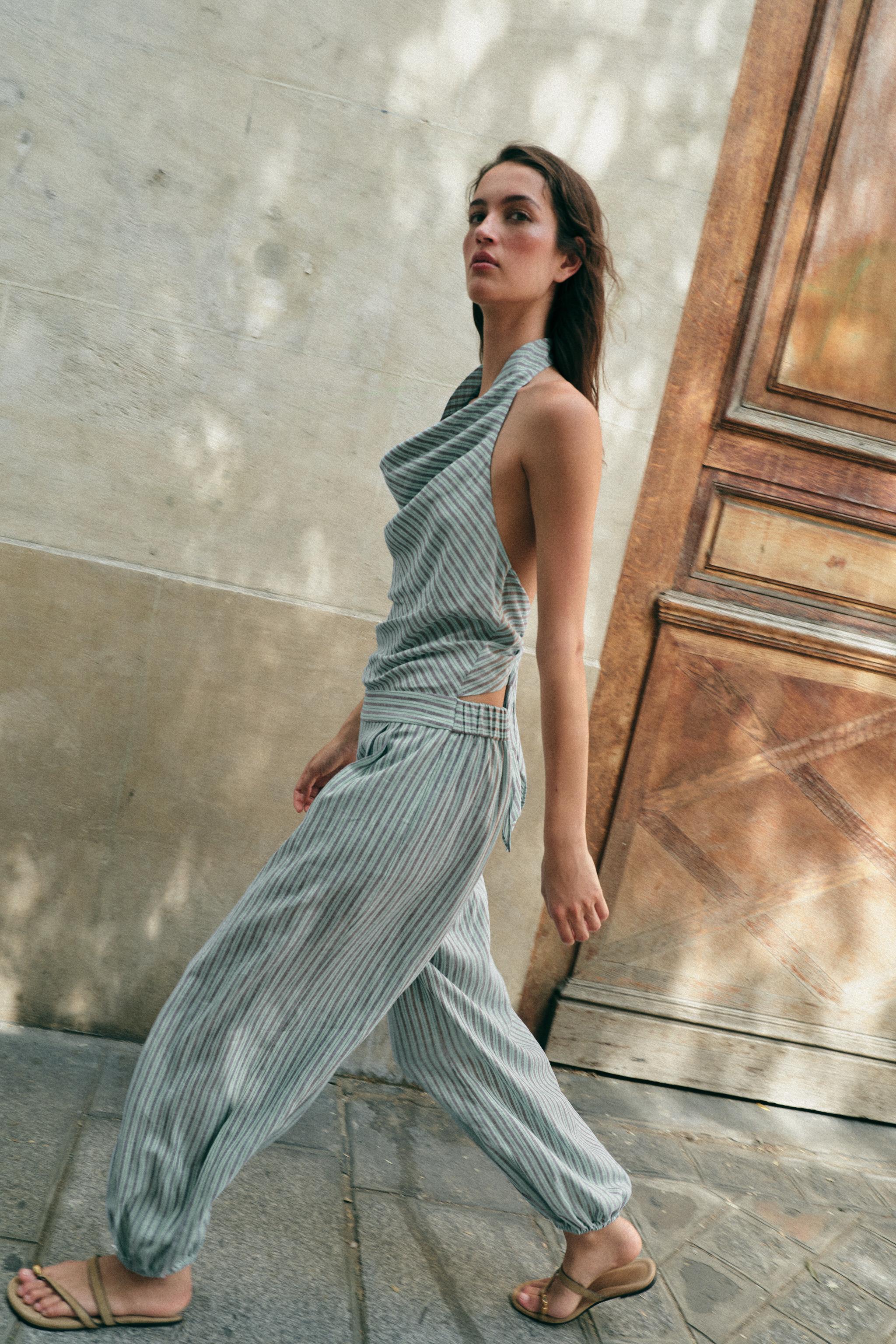 Zara STRIPED LINEN HALTER JUMPSUIT — фото 8