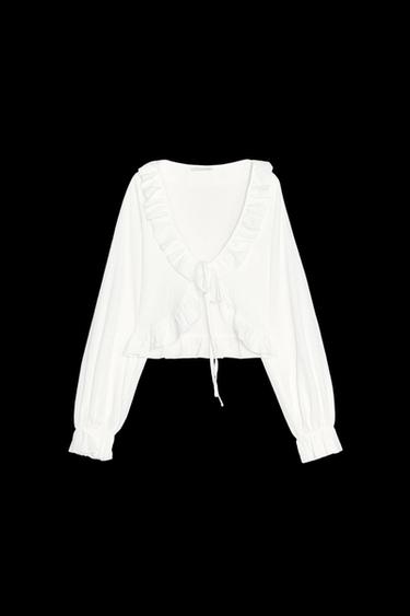 Zara RUFFLED V-NECK TOP - White - Image 0