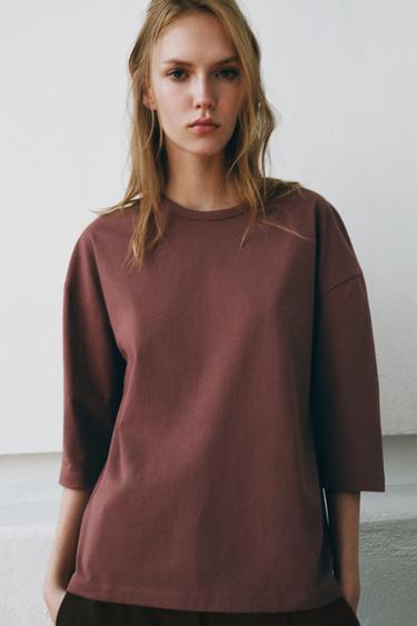 Zara RUSTIKALNA MAJICA KRATKIH RUKAVA – boja plavog patlidžana