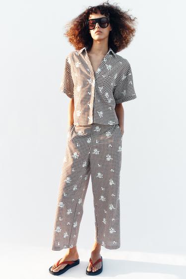 JUPE-CULOTTE À CARREAUX BRODÉS ENSEMBLE - Marron / Écru de Zara