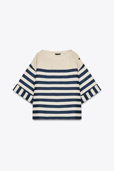 Zara 亞麻條紋襯衫 - 海藍色 / 裸色