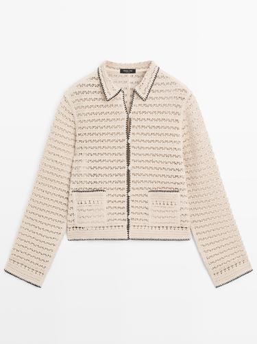 Zara Contrast crochet knit cardigan - Beige