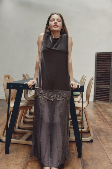 Zara COMBINATION VELVET BEADED FRINGE DRESS - Anthracite Gray