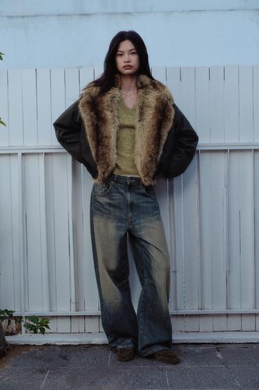 FAUX FUR COLLAR BOMBER JACKET ZW COLLECTION - Black by Zara