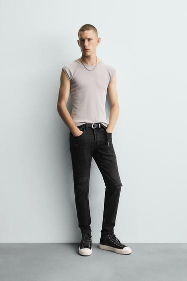 Zara RIPPED SKINNY FIT JEANS - Charcoal