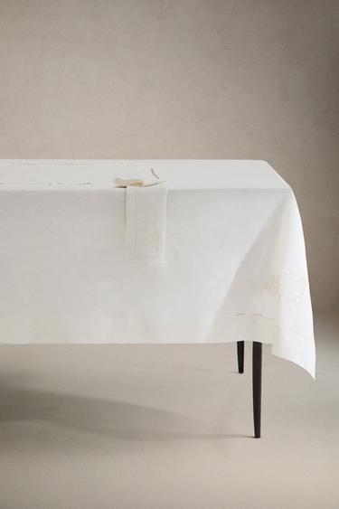 LINEN TABLECLOTH WITH FLORAL EMBROIDERY AND HEMSTITCHING - Ecru by Zara