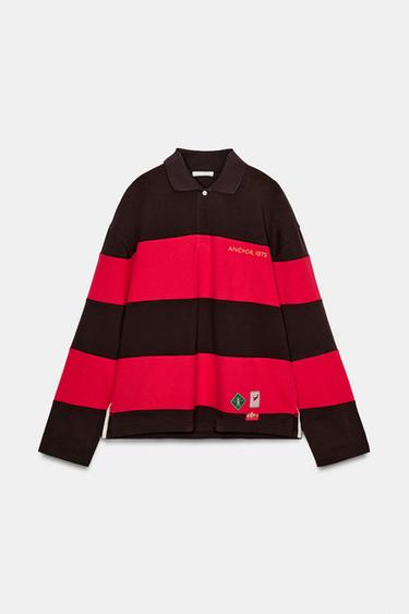 Zara STRIPED PATCH POLO SHIRT - Brown