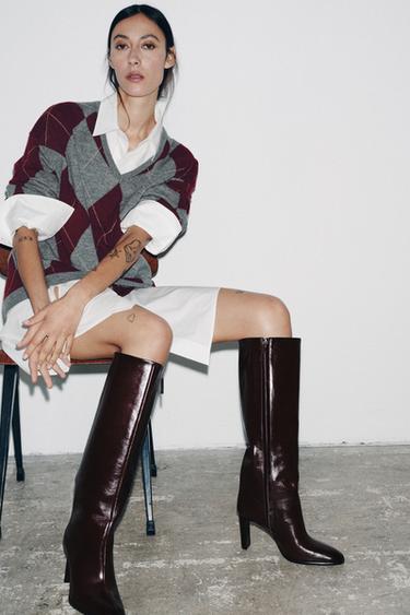 LEATHER BLOCK HEEL BOOTS - Burgundy Red by Zara